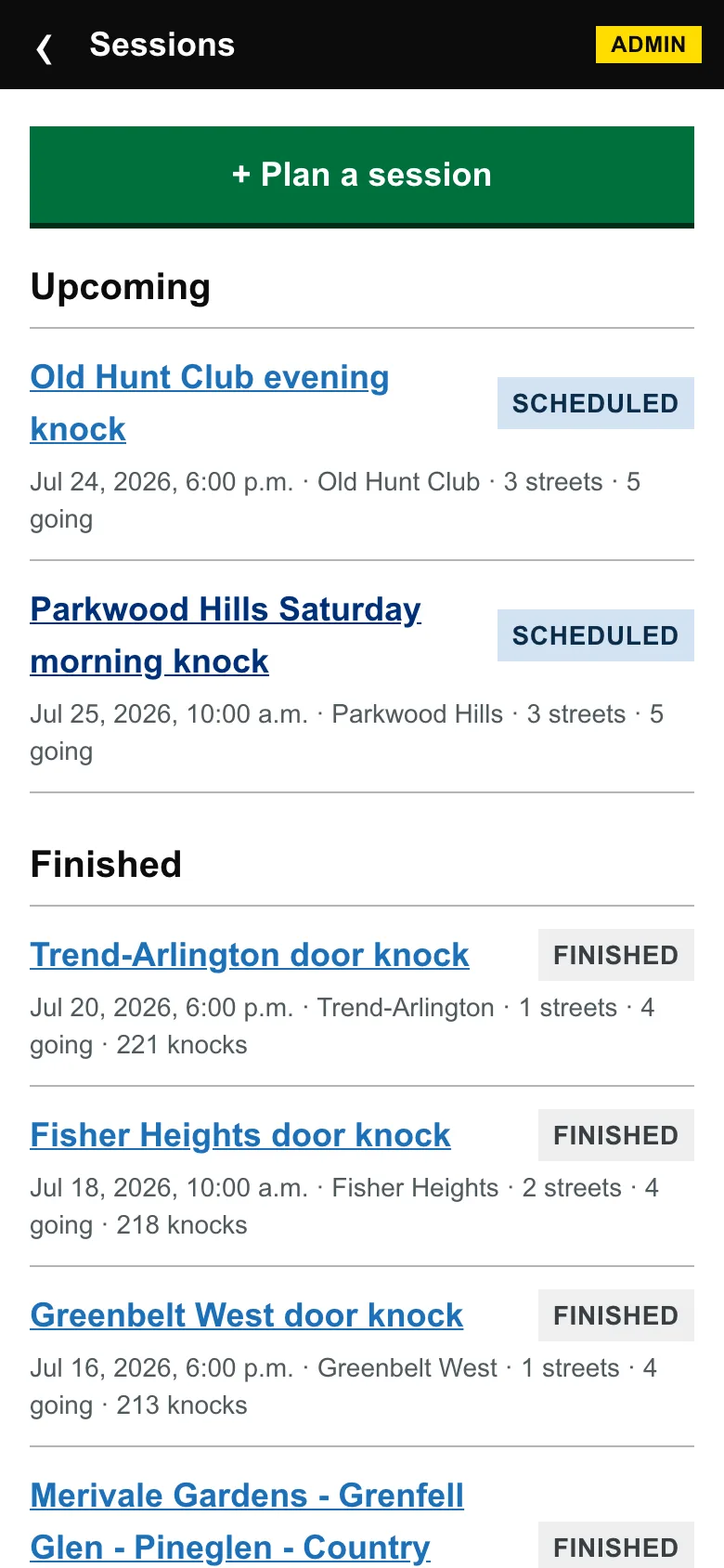 Admin sessions workspace: plan a session, upcoming and finished sessions with knock counts