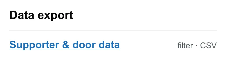 Data export block from the dashboard: Supporter & door data — filter, CSV