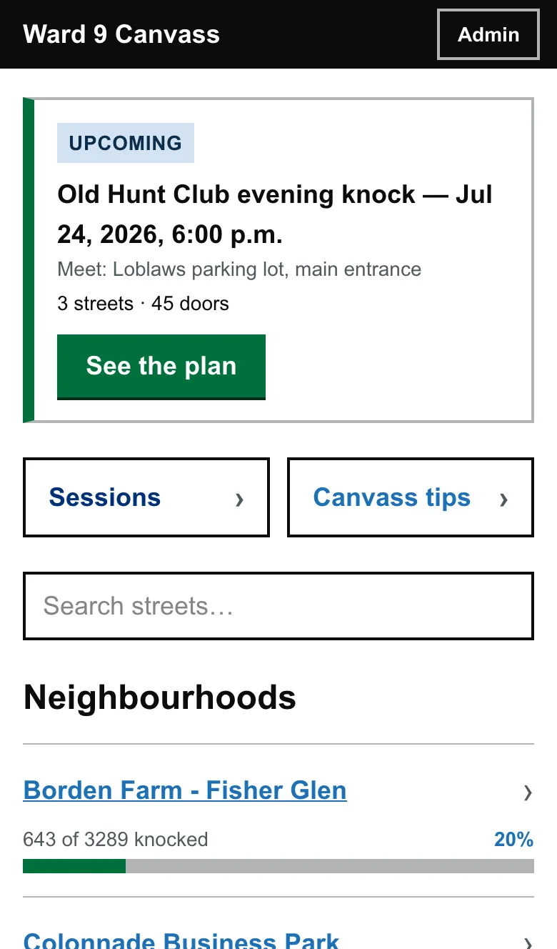 KnockList volunteer home screen: tonight's door-knocking session and neighbourhood progress