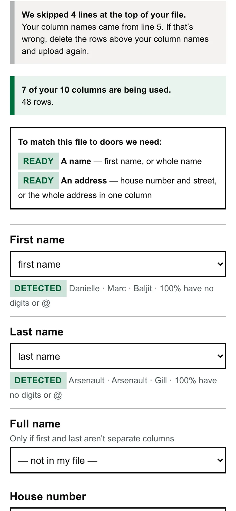 The import review screen reading a clerk's spreadsheet, skipping its banner rows and showing what it detected in each column