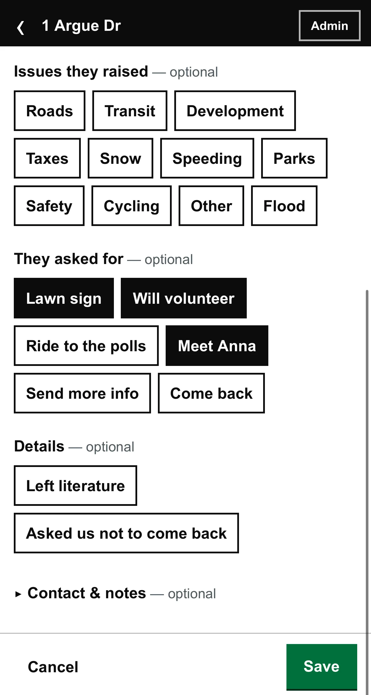 The knock sheet: issues raised at the door and asks being tracked — lawn sign, will volunteer
