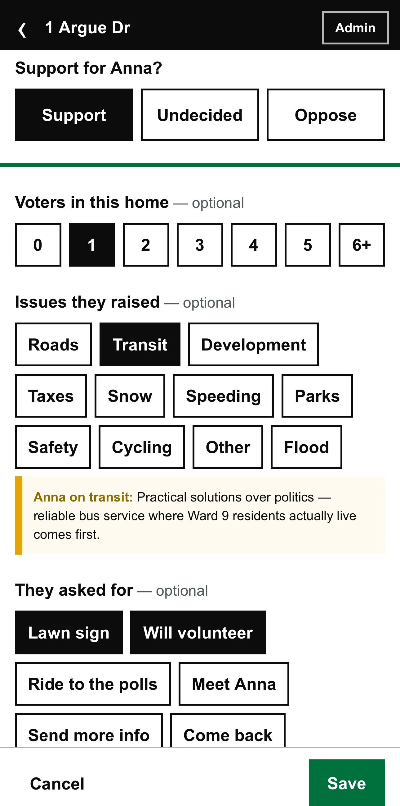 The full knock sheet: support level, voters in the home, issue chips like Roads and Transit, and asks like Lawn sign