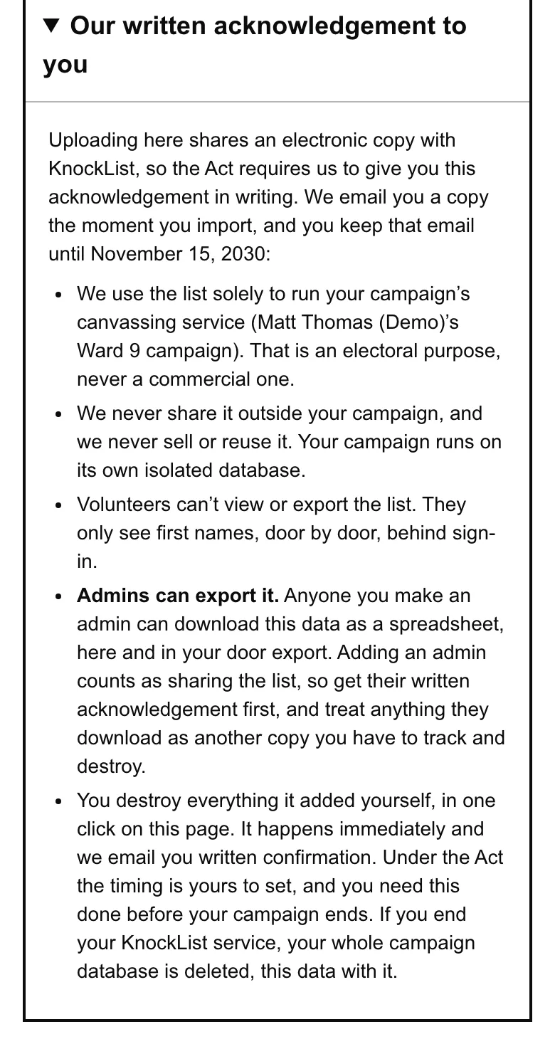 KnockList's written acknowledgement to the candidate, listing how the voters list is used, who can see it, and how it is destroyed
