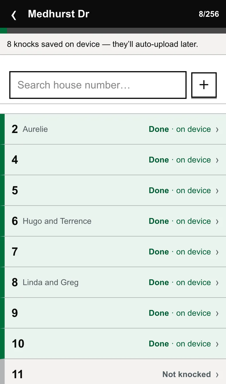A street list with no connection: a grey strip reads one knock saved on device, and a door is marked done on device