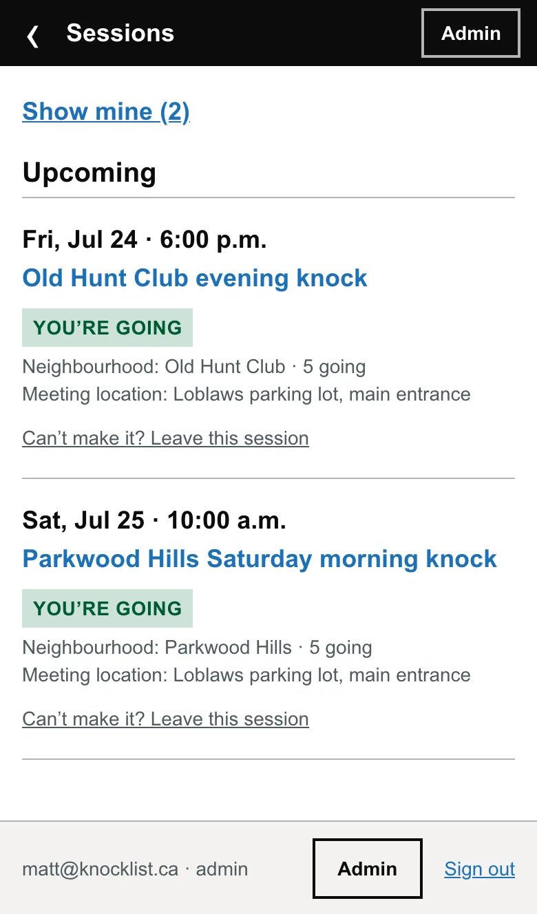 Upcoming sessions with meeting spots and who's going