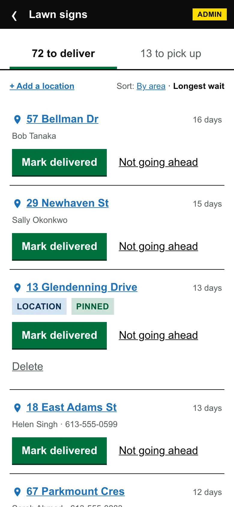 The lawn signs page: 72 to deliver and 13 to pick up, grouped by neighbourhood